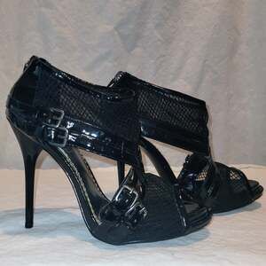 Bebe Black Mesh Patent-Look Buckle Stiletto Heels Size 8